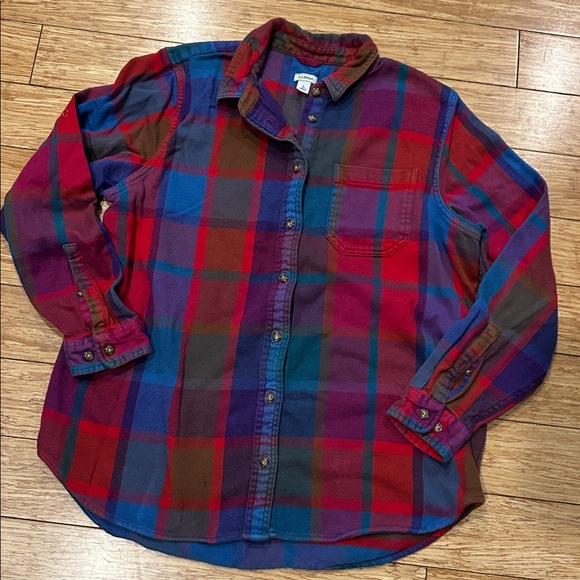 L.L. Bean Vibrant Multicolor Plaid Flannel Organic Cotton Shirt Women’s Large - Picture 1 of 7